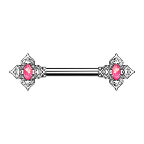 Barbell silver flower square filigree with opal pink