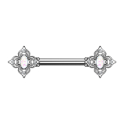 Barbell silver flower square filigree with white opal