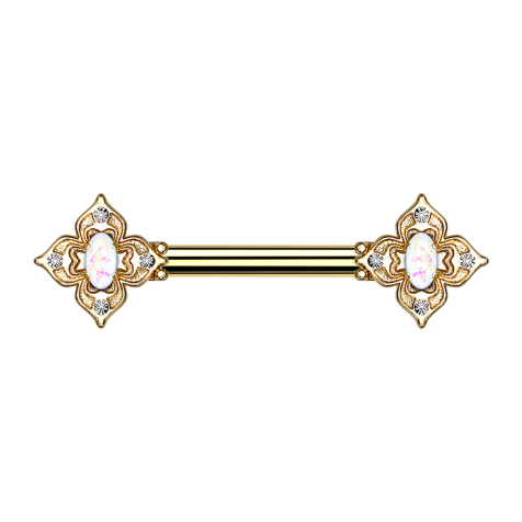 Barbell gold-plated flower square filigree with white opal