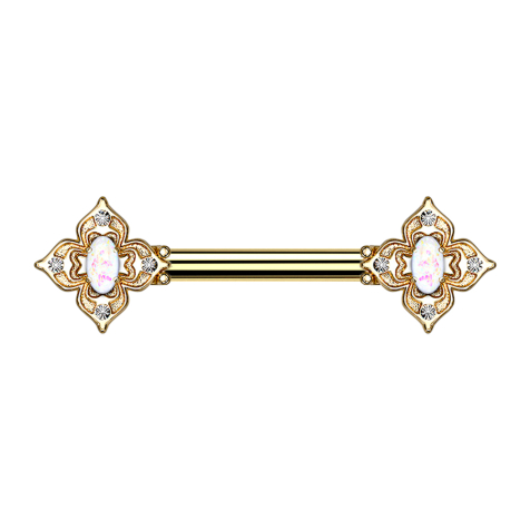 Barbell filigrana quadrata a fiore placcata oro con opale bianca