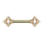 Barbell gold-plated flower square filigree with white opal