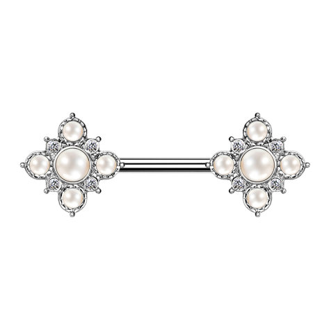Barbell silver vintage flower with pearls