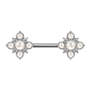 Barbell argent fleur vintage avec perles