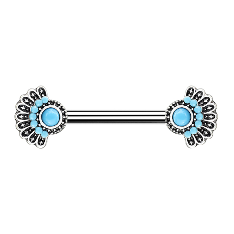 Barbell silver tribal fan with turquoise stone