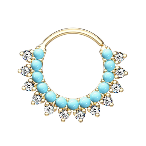 Gold-plated micro piercing ring with turquoise stones and crystals
