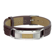 Faux leather bracelet brown bar silver with gold wires