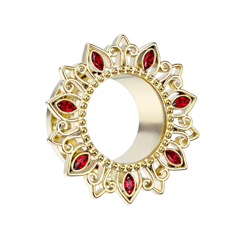 Flesh tunnel gold-plated lotus flower crystal red