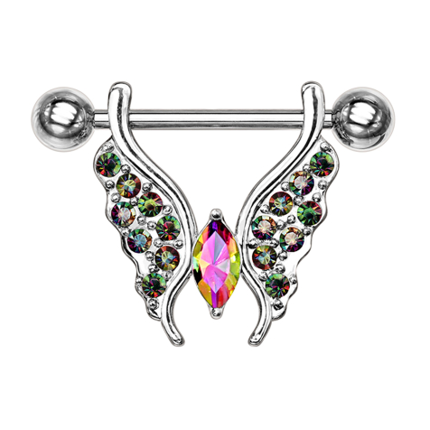 Barbell argent papillon avec cristaux multicolores foncés
