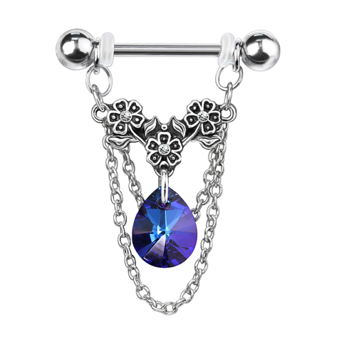 Barbell argent fleurs avec cristal aqua et pendentif chaîne