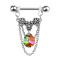 Barbell argent fleurs avec cristal foncé multicolore et pendentif chaîne