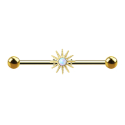 Barbell 14k gold-plated with sun rays and white opal