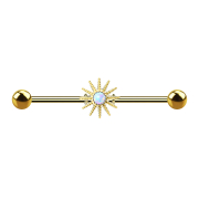 Barbell en or 14k avec rayons de soleil et opale blanche