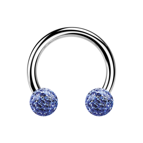 Circular Barbell argent avec deux boules de cristal bleu clair époxy de protection