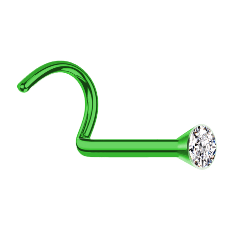 Nose stud curved green with silver crystal