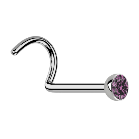 Curved silver nose stud with light purple crystal