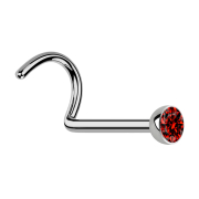 Curved silver nose stud with red crystal