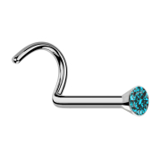 Nose stud curved silver with aqua crystal