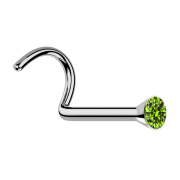 Curved silver nose stud with light green crystal