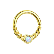 Micro Piercing Ring vergoldet halb geflochten mit Opal weiss