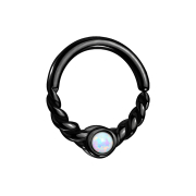 Micro Piercing Ring schwarz halb geflochten mit Opal weiss