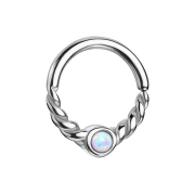 Micro Piercing Ring silber halb geflochten mit Opal weiss