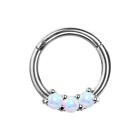 Micro segment ring hinged silver three opal balls white