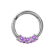Micro segment ring hinged silver three opal beads violet