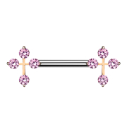 Barbell rose gold cross with pink crystal