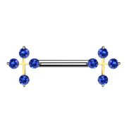 Barbell 14k gold-plated cross with blue crystal