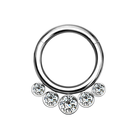 Micro segment ring hinged silver five crystals