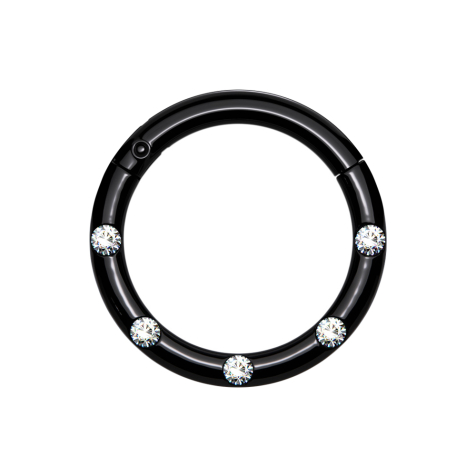 Micro anneau segment pliable noir devant cinq cristaux argentés