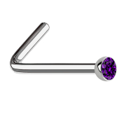 Angled silver nose stud with violet crystal