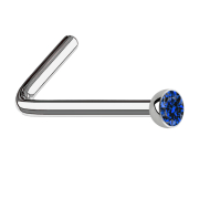 Angled nose stud silver with dark blue crystal