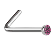 Angled nose stud silver with pink crystal