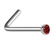 Angled silver nose stud with red crystal