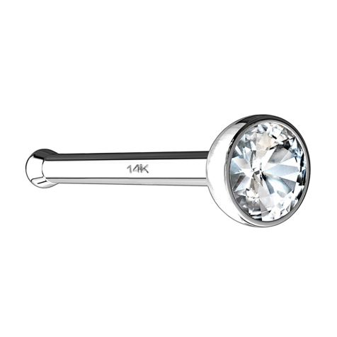 Nose stud straight 14k white gold with crystal silver