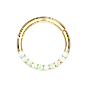 Micro segment ring hinged 14k gold front opals white