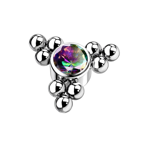 Ancrage cutané argenté, boules triangulaires avec cristal foncé multicolore