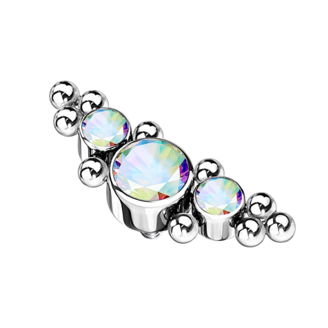 Ancrage cutané argenté, avec des perles au centre et trois cristaux multicolores