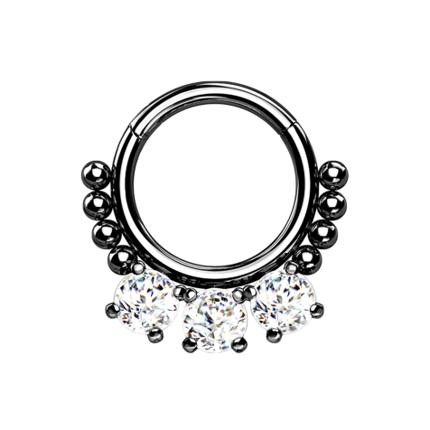 Micro segment ring hinged black beads and three crystals