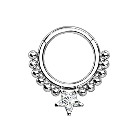 Micro segmented ring hinged silver balls and silver star-shaped crystal