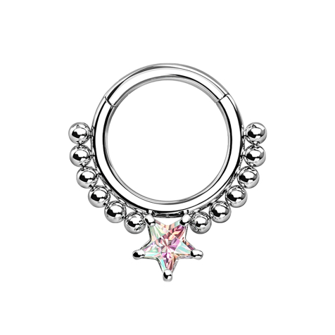 Micro segment ring hinged silver balls and star crystal multicolor