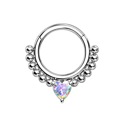 Micro anneau segment rabattable argent boules et cœur kistall multicolore
