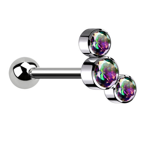 Micro Barbell filettatura interna argento con sfera e tre cristalli multicolore scuro