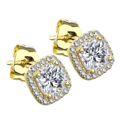 Stud earrings 14k gold-plated square with crystal border...