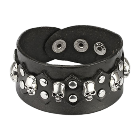 Black leather bracelet with several skulls