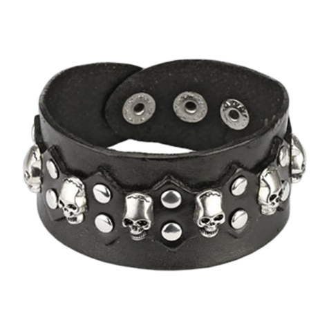Bracelet en cuir noir avec plusieurs crânes