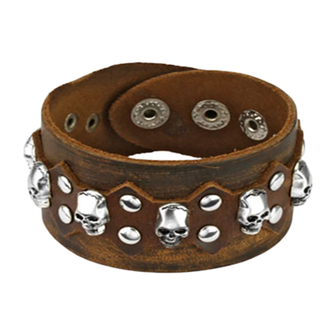 Bracelet en cuir marron avec plusieurs crânes