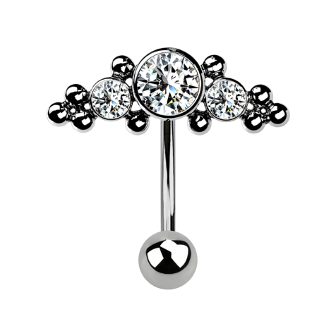 Micro Threadless Banane silber mit Kugel und Aufsatz mittig mit Kugeln und drei Kristallen silber