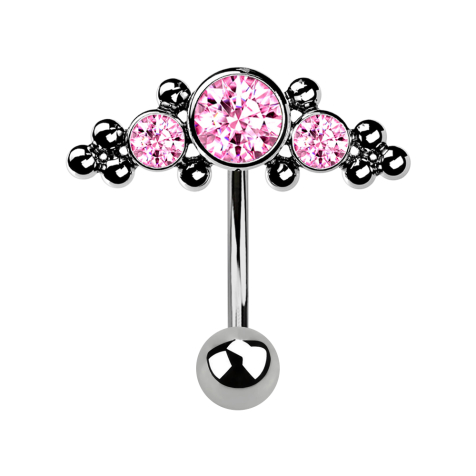 Micro Threadless Banane silber mit Kugel und Aufsatz mittig mit Kugeln und drei Kristallen pink